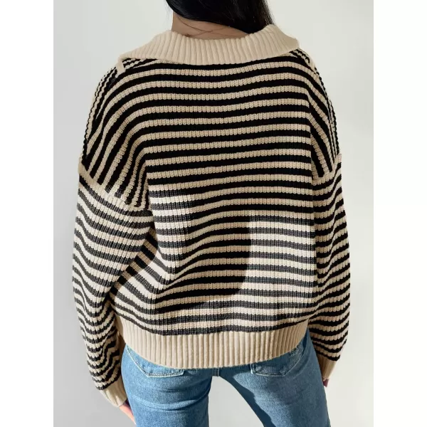 Saodimallsu Womens Striped Sweaters Quarter Zip V Neck Collared Long Sleeve Ribbed Knit Loose Pullover SweaterKhaki