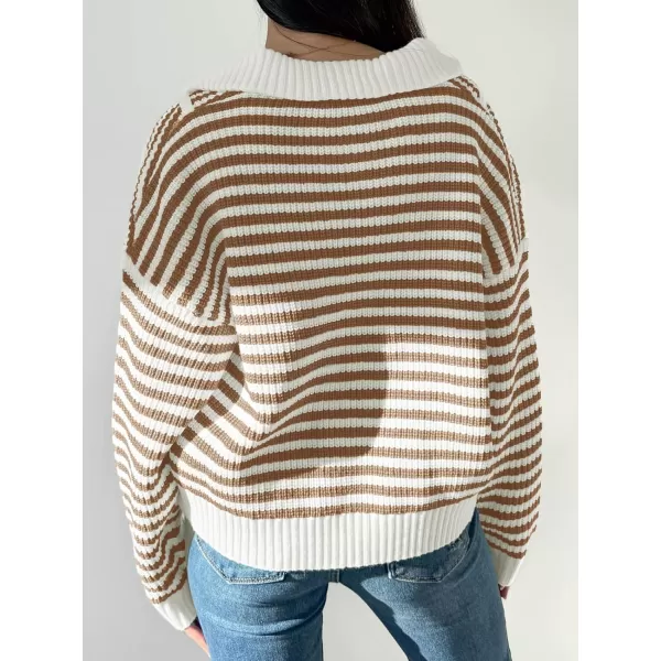 Saodimallsu Womens Striped Sweaters Quarter Zip V Neck Collared Long Sleeve Ribbed Knit Loose Pullover SweaterLight Brown