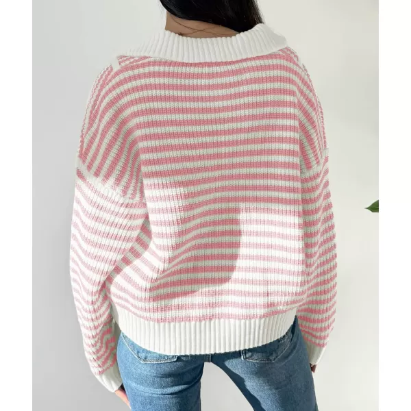 Saodimallsu Womens Striped Sweaters Quarter Zip V Neck Collared Long Sleeve Ribbed Knit Loose Pullover SweaterPink