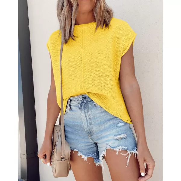 Saodimallsu Womens Summer Cap Sleeve Tops Casual Crew Neck Loose Fit Knit Lightweight Sweater Pullover TopYellow