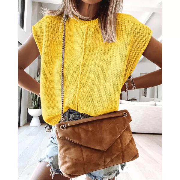 Saodimallsu Womens Summer Cap Sleeve Tops Casual Crew Neck Loose Fit Knit Lightweight Sweater Pullover TopYellow