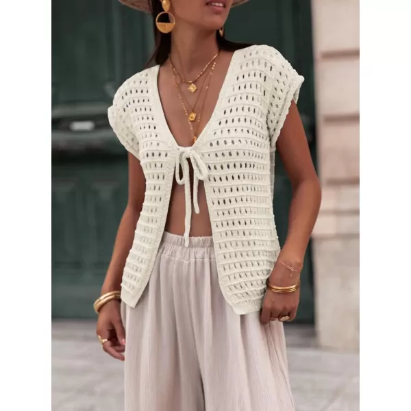 Saodimallsu Womens Tie Crochet Shrug Short Sleeve Open Front Lightweight Knit Cropped Cardigan Sweaters Cover UpBeige