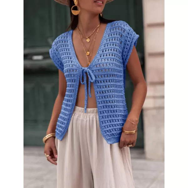 Saodimallsu Womens Tie Crochet Shrug Short Sleeve Open Front Lightweight Knit Cropped Cardigan Sweaters Cover UpBlue