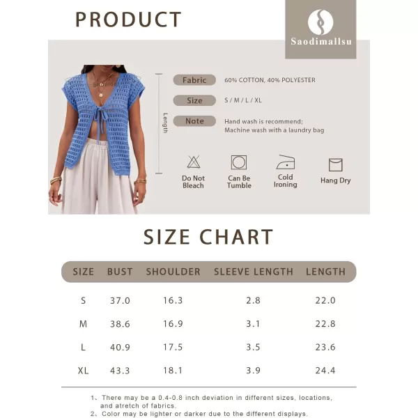 Saodimallsu Womens Tie Crochet Shrug Short Sleeve Open Front Lightweight Knit Cropped Cardigan Sweaters Cover UpBlue