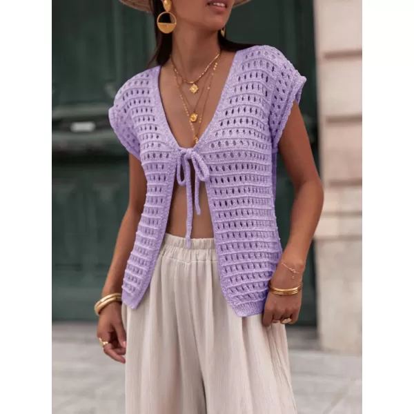 Saodimallsu Womens Tie Crochet Shrug Short Sleeve Open Front Lightweight Knit Cropped Cardigan Sweaters Cover UpPurple