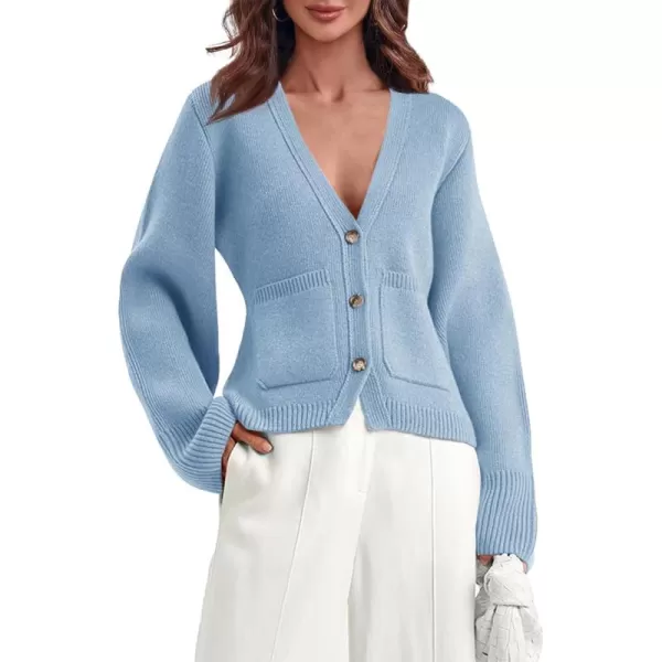 Saodimallsu Womens Deep V Neck Cardigan Sweaters Open Front Button Down Long Sleeve Cropped Knit Coats with PocketsBlue