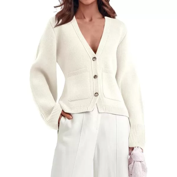 Saodimallsu Womens Deep V Neck Cardigan Sweaters Open Front Button Down Long Sleeve Cropped Knit Coats with PocketsWhite