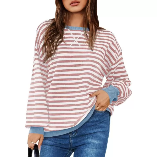 Saodimallsu Womens Striped Oversized Sweater Crewneck Long Sleeve Color Block Fall Sweaters Casual Soft Pullover SweatshirtLight Pink