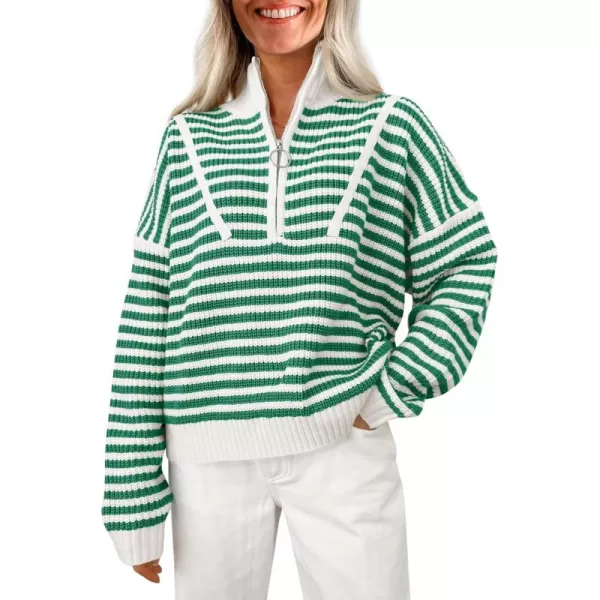 Saodimallsu Womens Striped Sweaters Quarter Zip V Neck Collared Long Sleeve Ribbed Knit Loose Pullover SweaterGreen