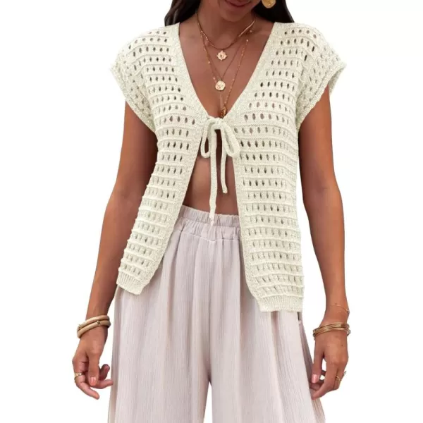 Saodimallsu Womens Tie Crochet Shrug Short Sleeve Open Front Lightweight Knit Cropped Cardigan Sweaters Cover UpBeige