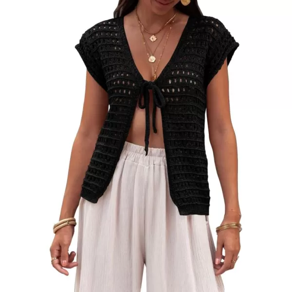 Saodimallsu Womens Tie Crochet Shrug Short Sleeve Open Front Lightweight Knit Cropped Cardigan Sweaters Cover UpBlack