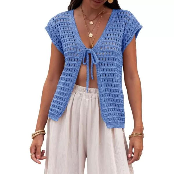 Saodimallsu Womens Tie Crochet Shrug Short Sleeve Open Front Lightweight Knit Cropped Cardigan Sweaters Cover UpBlue