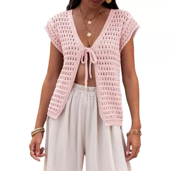 Saodimallsu Womens Tie Crochet Shrug Short Sleeve Open Front Lightweight Knit Cropped Cardigan Sweaters Cover UpPink