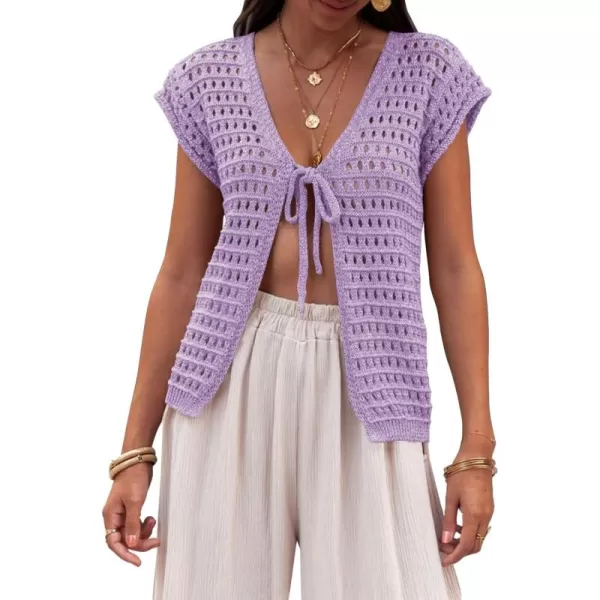 Saodimallsu Womens Tie Crochet Shrug Short Sleeve Open Front Lightweight Knit Cropped Cardigan Sweaters Cover UpPurple