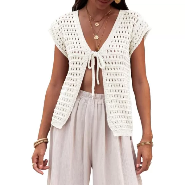 Saodimallsu Womens Tie Crochet Shrug Short Sleeve Open Front Lightweight Knit Cropped Cardigan Sweaters Cover UpWhite