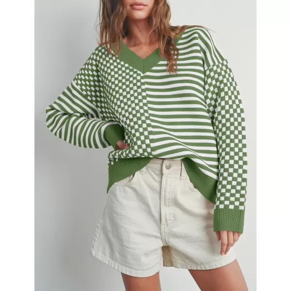 Saodimallsu Womens Checkered Striped Sweater V Neck Long Sleeve 2024 Fall Trendy Loose Knit Cozy Pullover TopsArmy Green