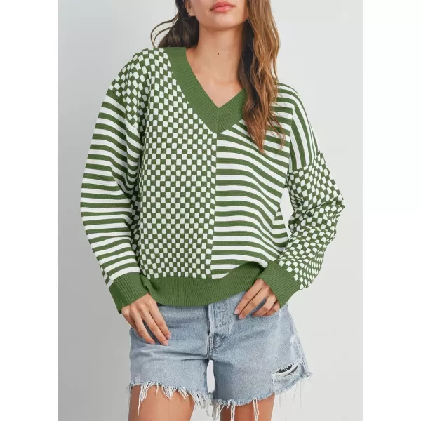 Saodimallsu Womens Checkered Striped Sweater V Neck Long Sleeve 2024 Fall Trendy Loose Knit Cozy Pullover TopsArmy Green