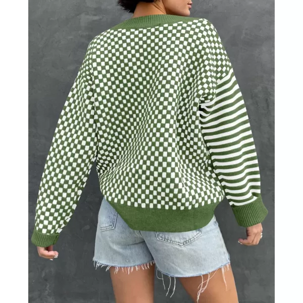 Saodimallsu Womens Checkered Striped Sweater V Neck Long Sleeve 2024 Fall Trendy Loose Knit Cozy Pullover TopsArmy Green