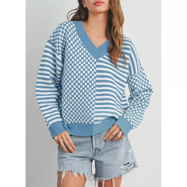 Saodimallsu Womens Checkered Striped Sweater V Neck Long Sleeve 2024 Fall Trendy Loose Knit Cozy Pullover TopsBlue