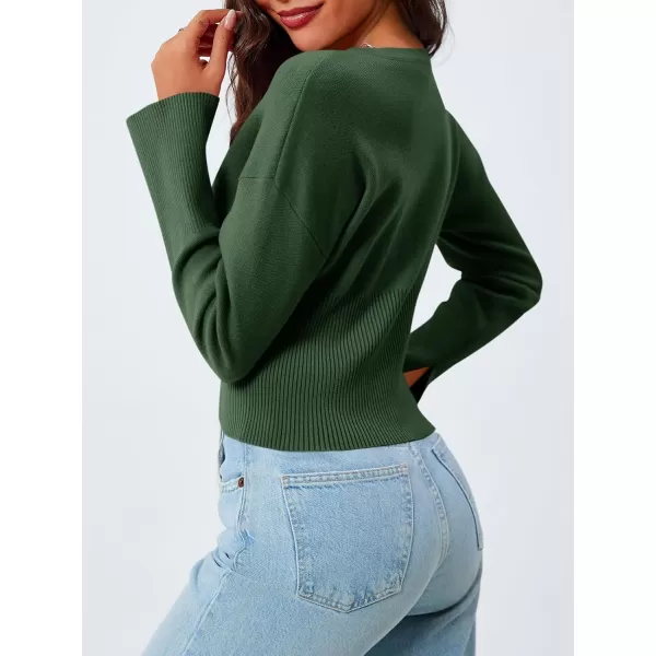 Saodimallsu Womens Cropped Sweaters Button Down Long Sleeve V Neck Ribbed Knit Slim Fit Pullover Crop TopsArmy Green