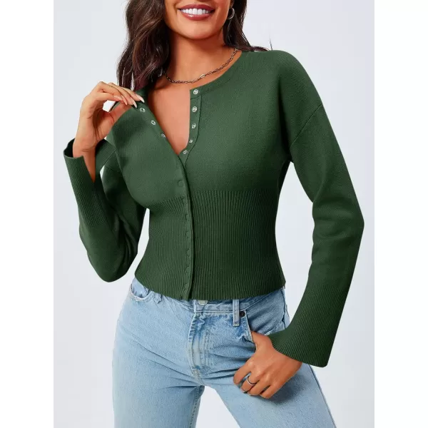 Saodimallsu Womens Cropped Sweaters Button Down Long Sleeve V Neck Ribbed Knit Slim Fit Pullover Crop TopsArmy Green