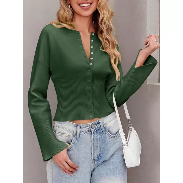 Saodimallsu Womens Cropped Sweaters Button Down Long Sleeve V Neck Ribbed Knit Slim Fit Pullover Crop TopsArmy Green