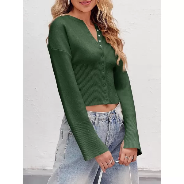 Saodimallsu Womens Cropped Sweaters Button Down Long Sleeve V Neck Ribbed Knit Slim Fit Pullover Crop TopsArmy Green