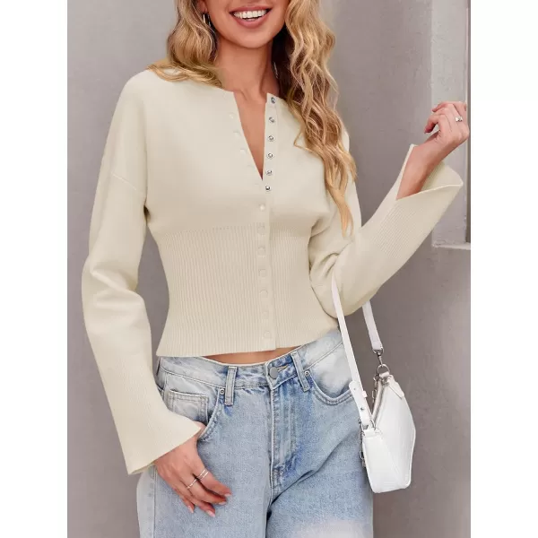 Saodimallsu Womens Cropped Sweaters Button Down Long Sleeve V Neck Ribbed Knit Slim Fit Pullover Crop TopsBeige