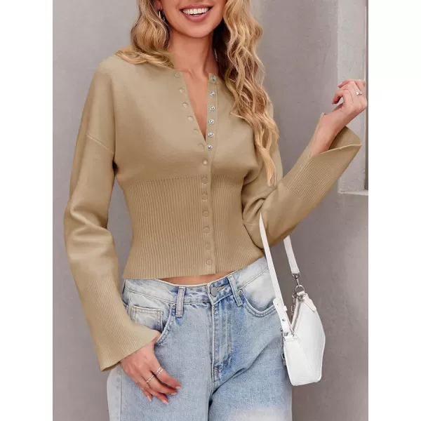 Saodimallsu Womens Cropped Sweaters Button Down Long Sleeve V Neck Ribbed Knit Slim Fit Pullover Crop TopsCamel