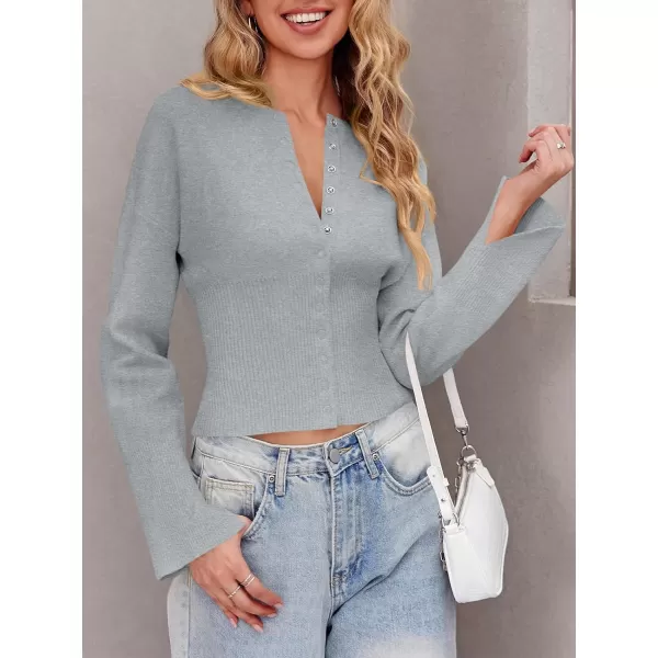 Saodimallsu Womens Cropped Sweaters Button Down Long Sleeve V Neck Ribbed Knit Slim Fit Pullover Crop TopsGray