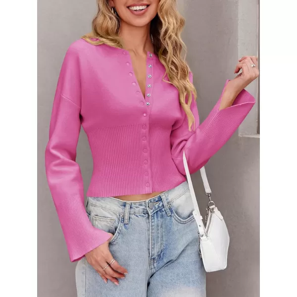 Saodimallsu Womens Cropped Sweaters Button Down Long Sleeve V Neck Ribbed Knit Slim Fit Pullover Crop TopsPink