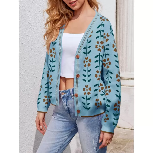 Saodimallsu Womens Floral Print V Neck Cardigan Open Front Button Down Knit Sweater Long Sleeve Loose Fashion TopsBlue