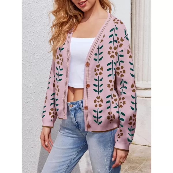 Saodimallsu Womens Floral Print V Neck Cardigan Open Front Button Down Knit Sweater Long Sleeve Loose Fashion TopsPink