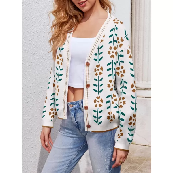 Saodimallsu Womens Floral Print V Neck Cardigan Open Front Button Down Knit Sweater Long Sleeve Loose Fashion TopsWhite