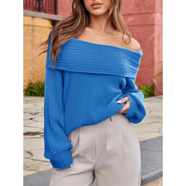 Saodimallsu Womens Off The Shoulder Sweater Top Oversized 2024 Fall Batwing Boat Neck Knit Sexy Casual PulloverBlue