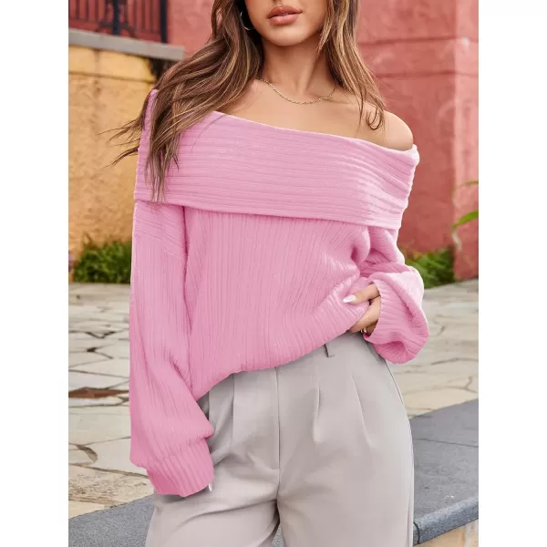 Saodimallsu Womens Off The Shoulder Sweater Top Oversized 2024 Fall Batwing Boat Neck Knit Sexy Casual PulloverPink