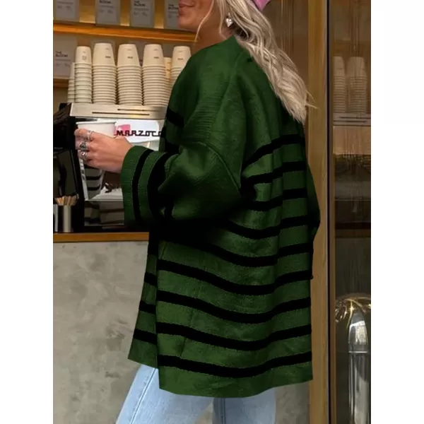 Saodimallsu Womens Oversized Striped Cardigans Open Front Chunky Knit Casual Loose Fit Long Sleeve Sweater CoatsArmy Green