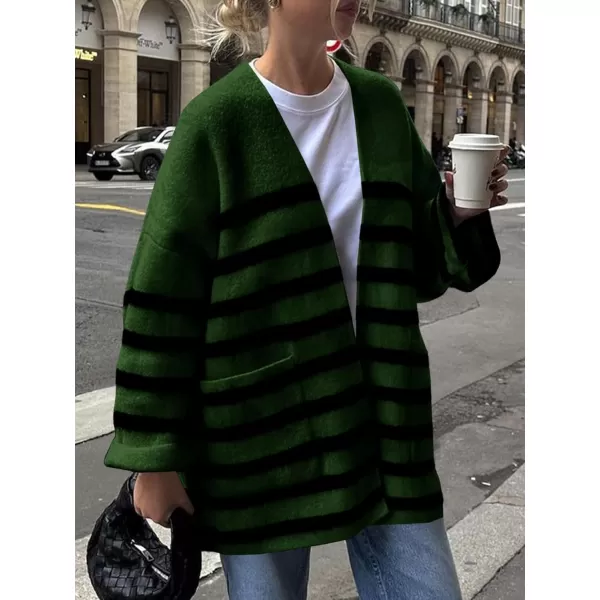 Saodimallsu Womens Oversized Striped Cardigans Open Front Chunky Knit Casual Loose Fit Long Sleeve Sweater CoatsArmy Green