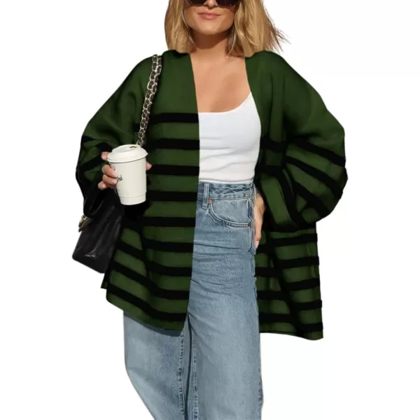 Saodimallsu Womens Oversized Striped Cardigans Open Front Chunky Knit Casual Loose Fit Long Sleeve Sweater CoatsArmy Green