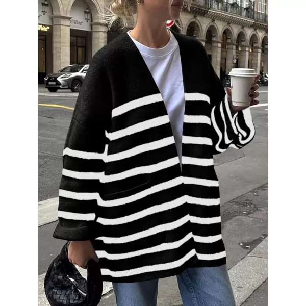 Saodimallsu Womens Oversized Striped Cardigans Open Front Chunky Knit Casual Loose Fit Long Sleeve Sweater CoatsBlack