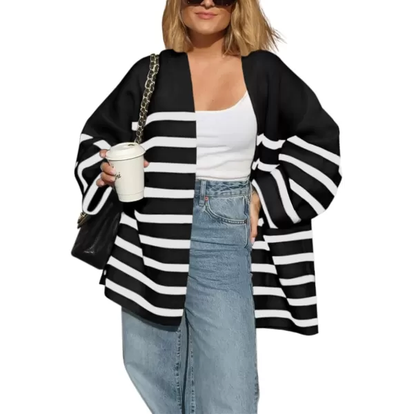 Saodimallsu Womens Oversized Striped Cardigans Open Front Chunky Knit Casual Loose Fit Long Sleeve Sweater CoatsBlack