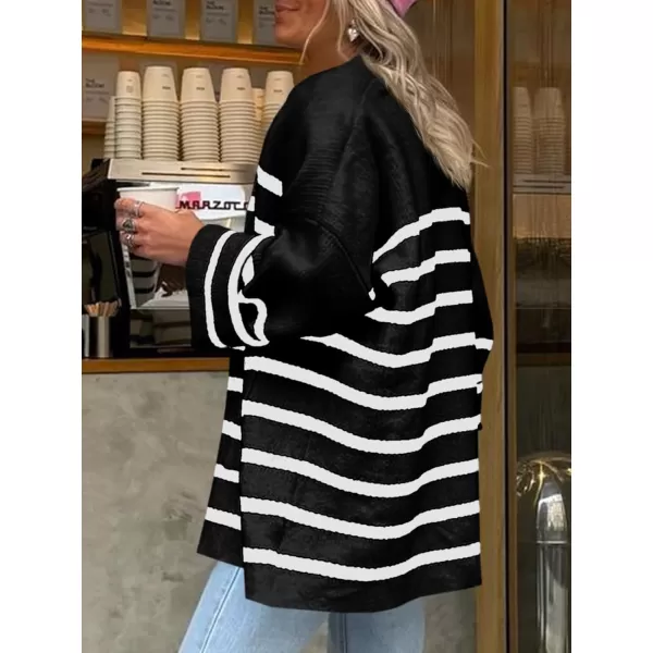 Saodimallsu Womens Oversized Striped Cardigans Open Front Chunky Knit Casual Loose Fit Long Sleeve Sweater CoatsBlack