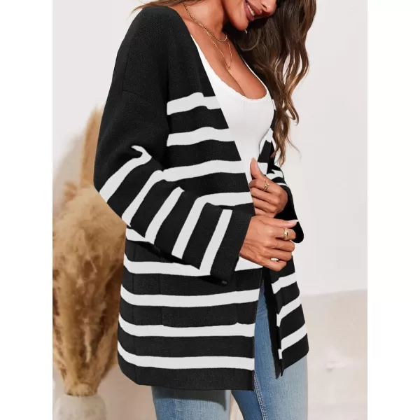 Saodimallsu Womens Oversized Striped Cardigans Open Front Chunky Knit Casual Loose Fit Long Sleeve Sweater CoatsBlack