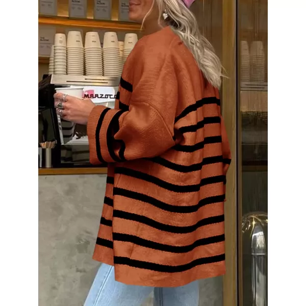 Saodimallsu Womens Oversized Striped Cardigans Open Front Chunky Knit Casual Loose Fit Long Sleeve Sweater CoatsBrown