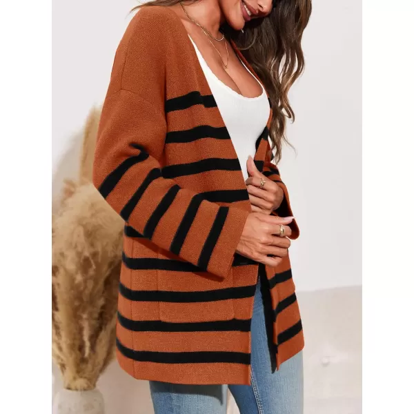 Saodimallsu Womens Oversized Striped Cardigans Open Front Chunky Knit Casual Loose Fit Long Sleeve Sweater CoatsBrown