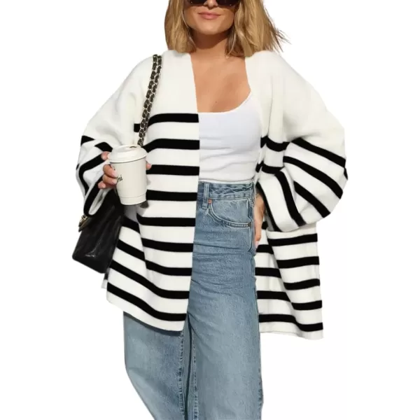 Saodimallsu Womens Oversized Striped Cardigans Open Front Chunky Knit Casual Loose Fit Long Sleeve Sweater CoatsWhite