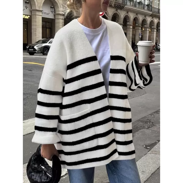 Saodimallsu Womens Oversized Striped Cardigans Open Front Chunky Knit Casual Loose Fit Long Sleeve Sweater CoatsWhite