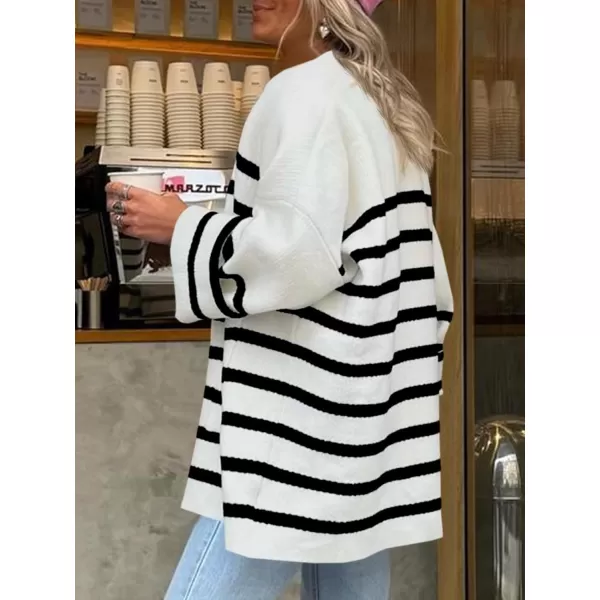 Saodimallsu Womens Oversized Striped Cardigans Open Front Chunky Knit Casual Loose Fit Long Sleeve Sweater CoatsWhite