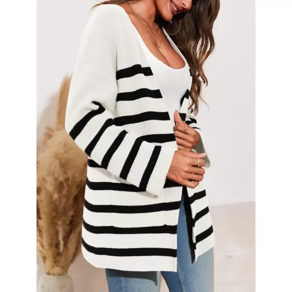 Saodimallsu Womens Oversized Striped Cardigans Open Front Chunky Knit Casual Loose Fit Long Sleeve Sweater CoatsWhite