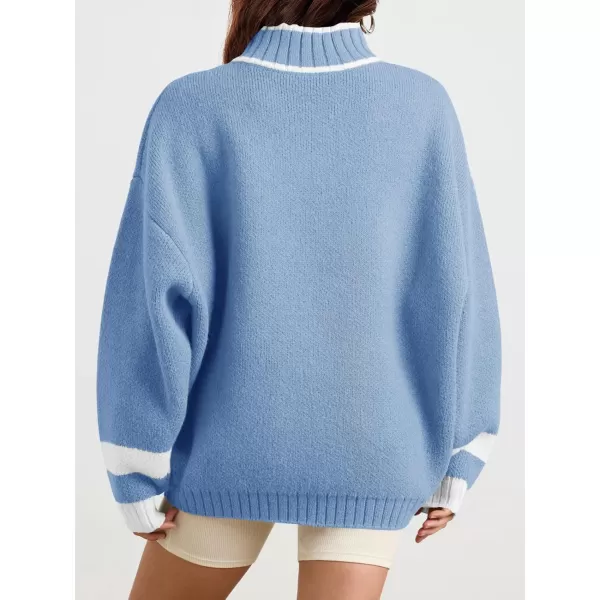 Saodimallsu Womens Oversized Sweater Casual Long Sleeve Fall Quarter Zip Striped Sweaters Lapel Mock Neck Pullover ShirtBlue